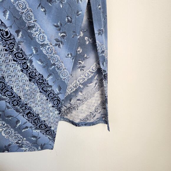 Vintage 90s Blue Floral Striped Maxi Skirt Pull On Side Hem Split M - Picture 12 of 13